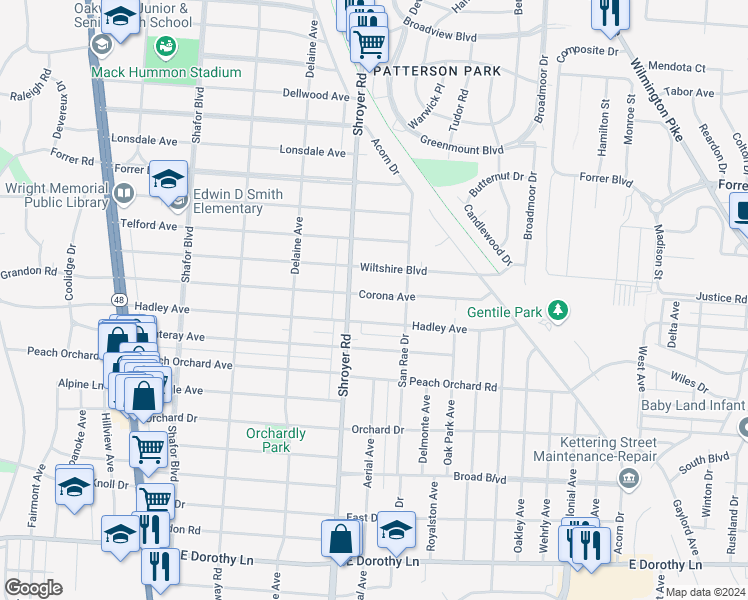 map of restaurants, bars, coffee shops, grocery stores, and more near 526 Corona Avenue in Dayton