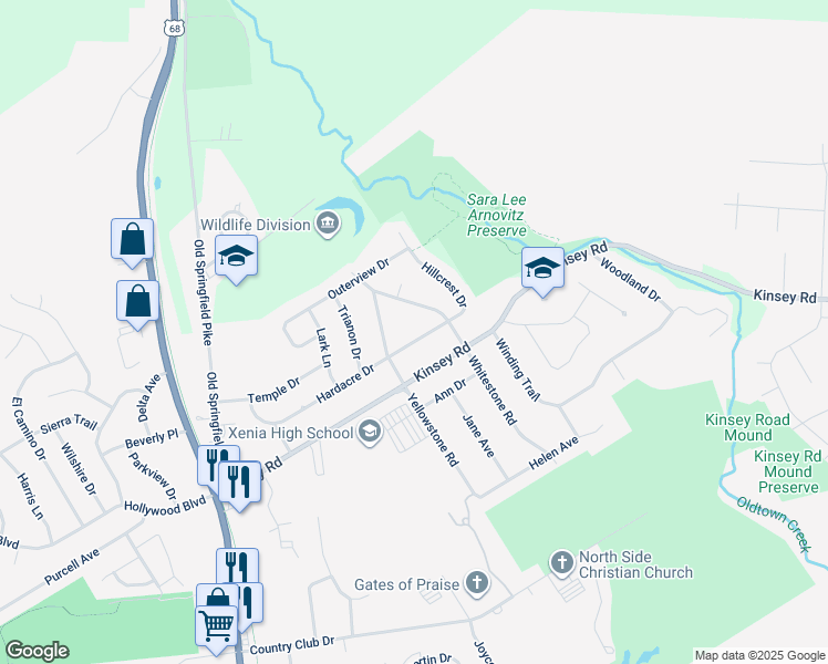 map of restaurants, bars, coffee shops, grocery stores, and more near 200 Hardacre Drive in Xenia