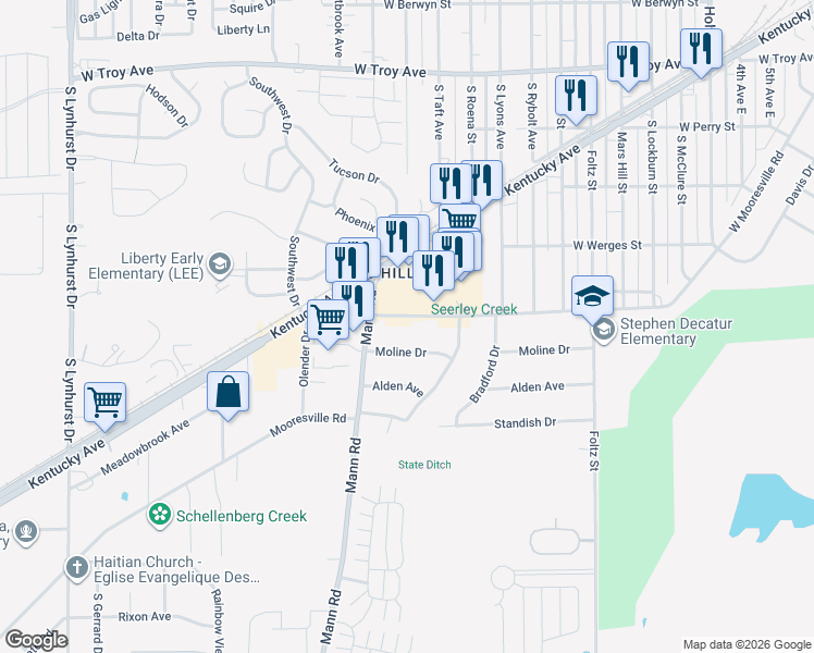 map of restaurants, bars, coffee shops, grocery stores, and more near 4317 West Mooresville Road in Indianapolis