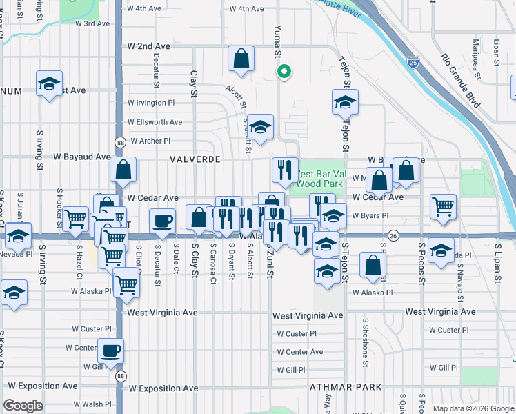 map of restaurants, bars, coffee shops, grocery stores, and more near 210 South Alcott Street in Denver