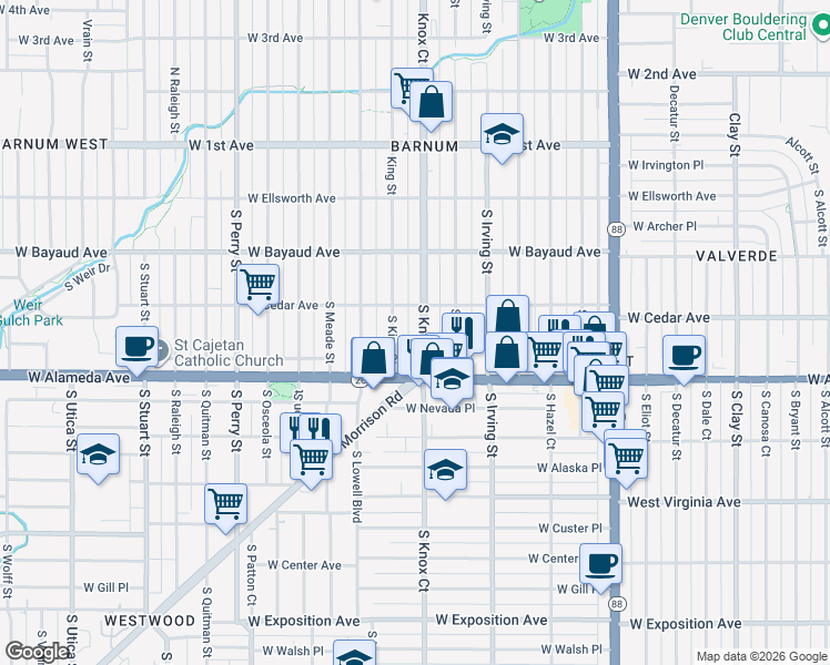 map of restaurants, bars, coffee shops, grocery stores, and more near 233 South Knox Court in Denver