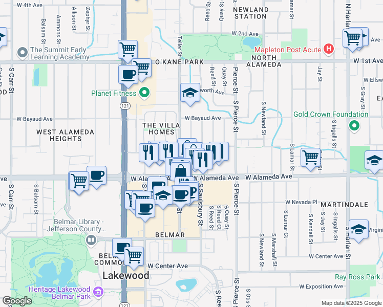 map of restaurants, bars, coffee shops, grocery stores, and more near 7098 West Cedar Avenue in Lakewood