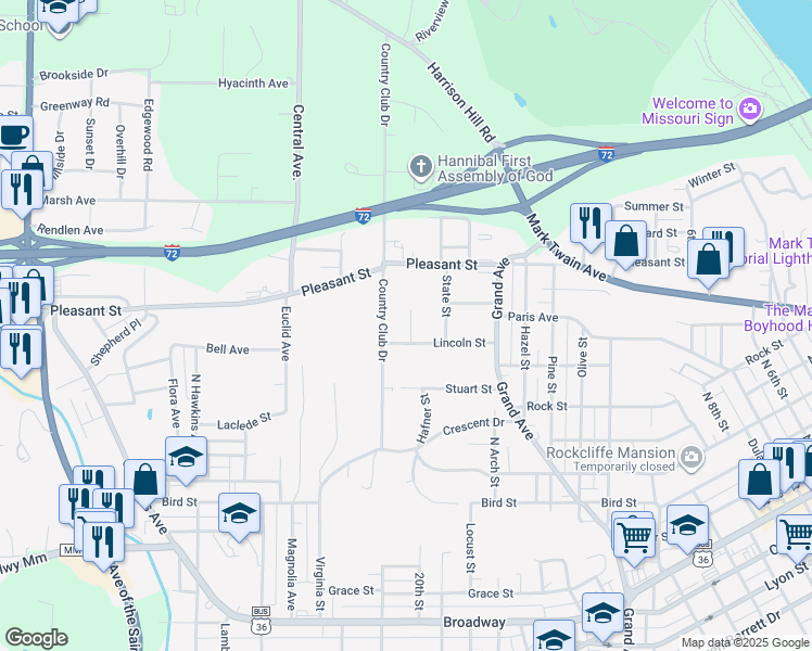 map of restaurants, bars, coffee shops, grocery stores, and more near 709 Clifford Street in Hannibal