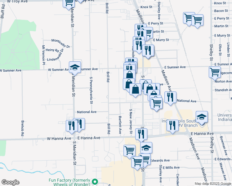map of restaurants, bars, coffee shops, grocery stores, and more near 3674 South New Jersey Street in Indianapolis