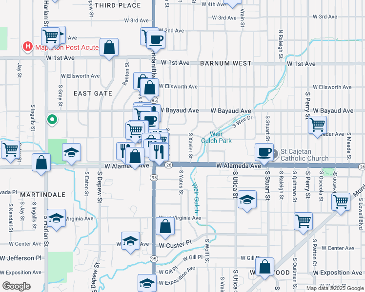 map of restaurants, bars, coffee shops, grocery stores, and more near 240 South Yates Street in Denver