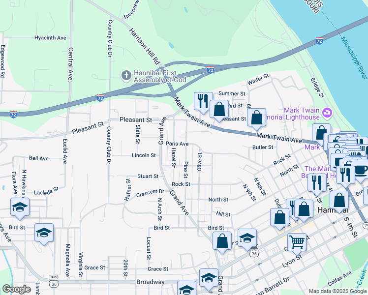 map of restaurants, bars, coffee shops, grocery stores, and more near 1501 Paris Avenue in Hannibal