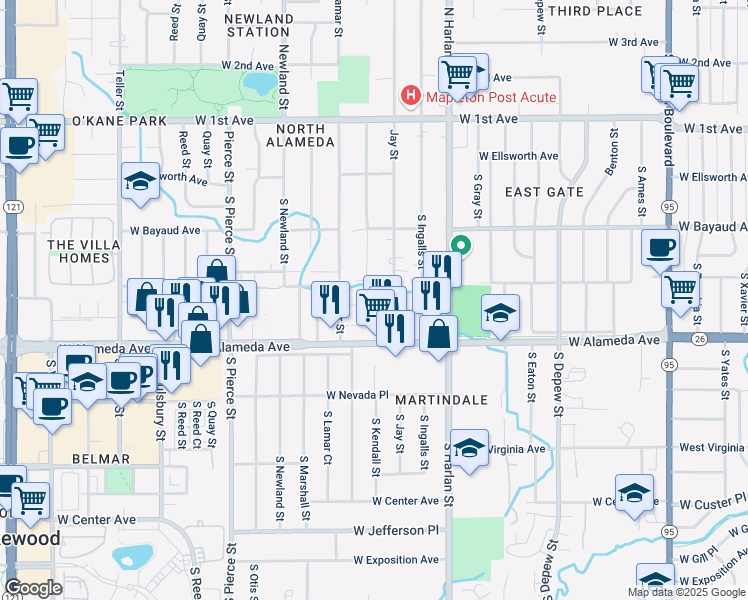 map of restaurants, bars, coffee shops, grocery stores, and more near 285 South Jay Street in Lakewood