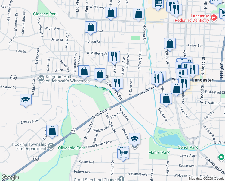 map of restaurants, bars, coffee shops, grocery stores, and more near 104 South Roosevelt Avenue in Lancaster