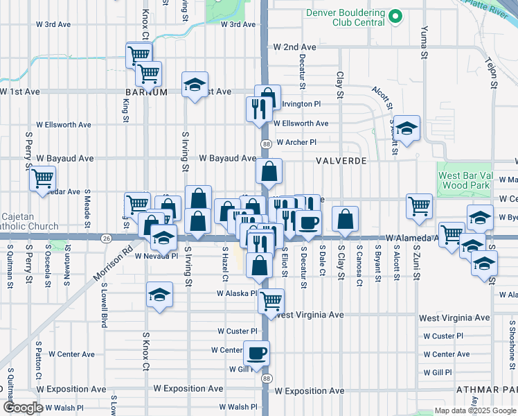 map of restaurants, bars, coffee shops, grocery stores, and more near 233 S Federal Blvd in Denver