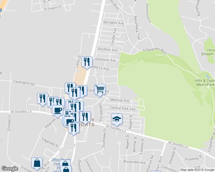 map of restaurants, bars, coffee shops, grocery stores, and more near 2742 Crescent Boulevard in Dayton