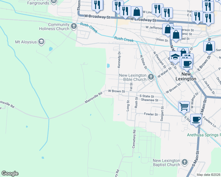 map of restaurants, bars, coffee shops, grocery stores, and more near 900 West Brown Street in New Lexington