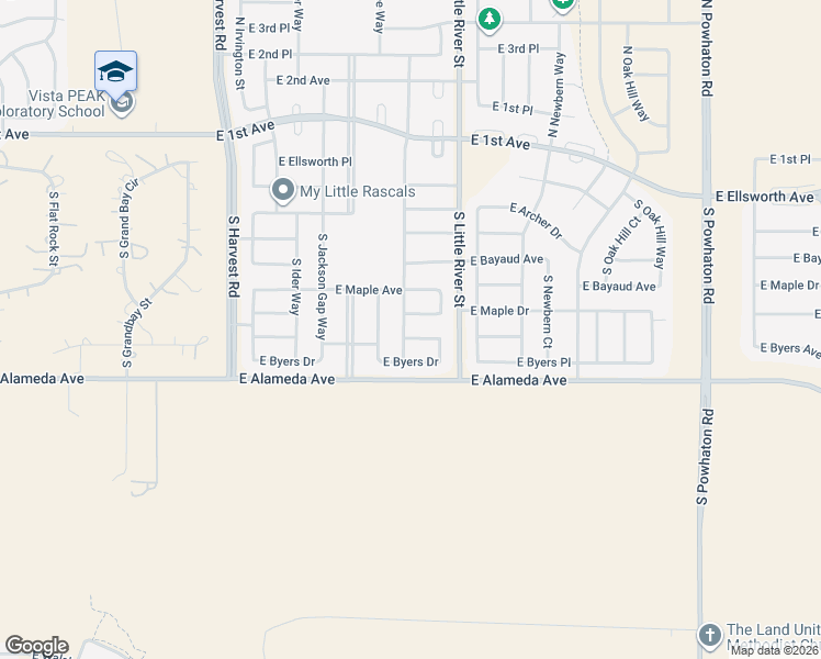 map of restaurants, bars, coffee shops, grocery stores, and more near 25541 East Cedar Place in Aurora