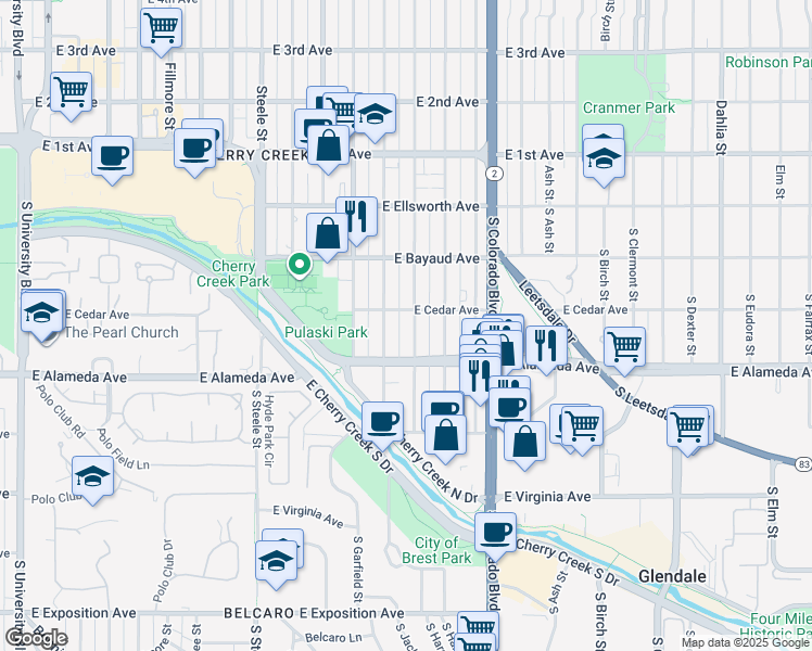 map of restaurants, bars, coffee shops, grocery stores, and more near 230 South Monroe Street in Denver
