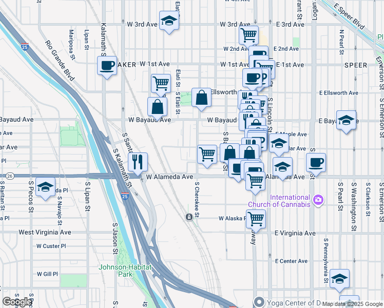 map of restaurants, bars, coffee shops, grocery stores, and more near 221 South Cherokee Street in Denver