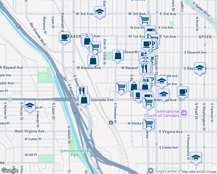 map of restaurants, bars, coffee shops, grocery stores, and more near 500 West Cedar Avenue in Denver