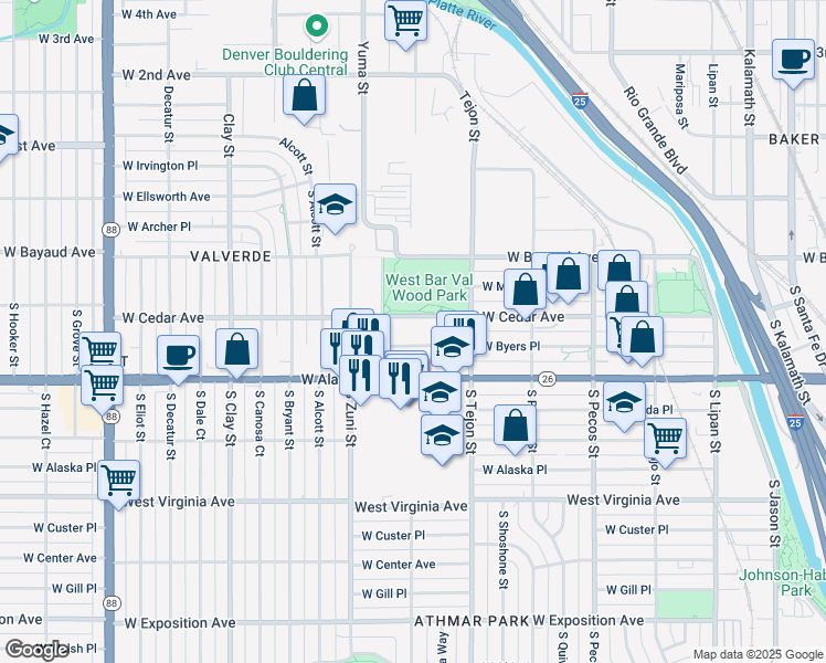 map of restaurants, bars, coffee shops, grocery stores, and more near 2275 West Byers Drive in Denver