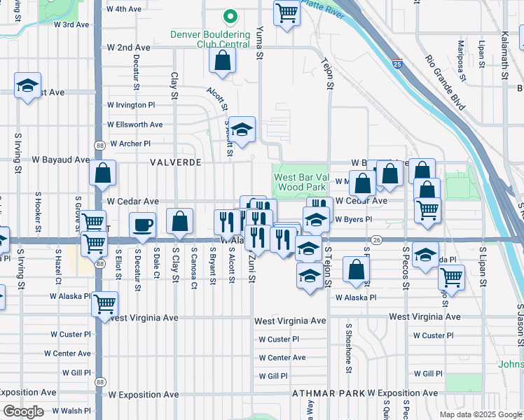 map of restaurants, bars, coffee shops, grocery stores, and more near 233 South Yuma Street in Denver