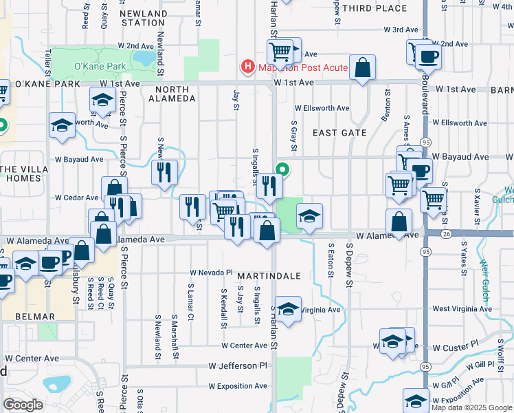 map of restaurants, bars, coffee shops, grocery stores, and more near 280 South Jay Street in Lakewood