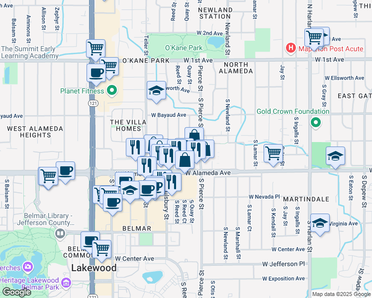 map of restaurants, bars, coffee shops, grocery stores, and more near 6990 South Reed Court in Lakewood