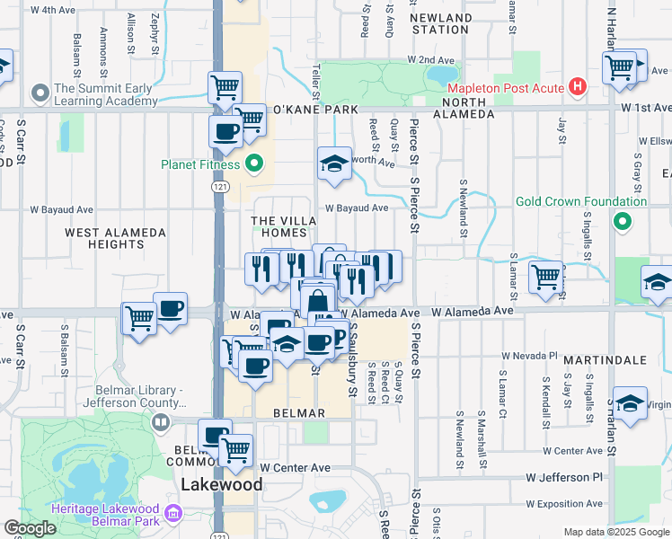 map of restaurants, bars, coffee shops, grocery stores, and more near 7098 West Cedar Avenue in Lakewood