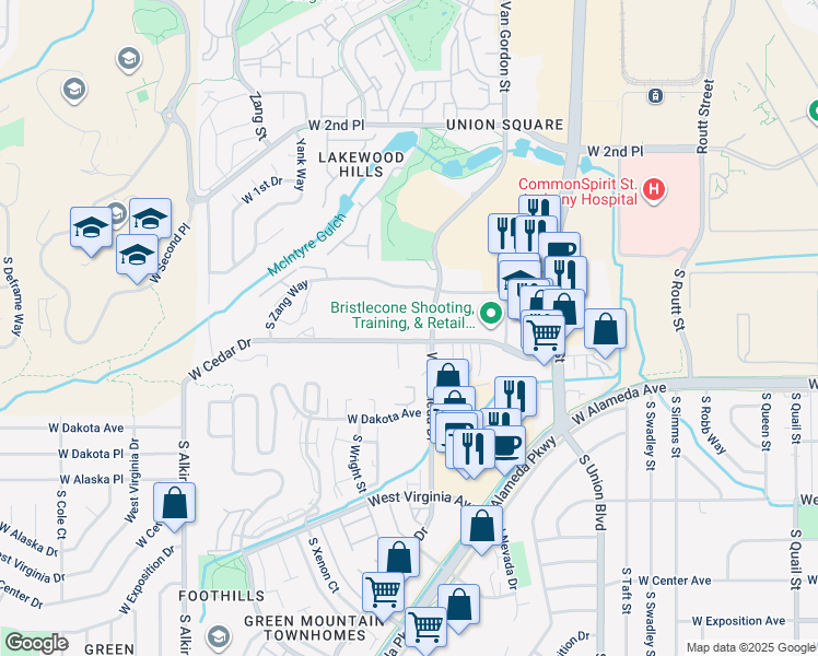 map of restaurants, bars, coffee shops, grocery stores, and more near 12567 W Cedar Dr in Lakewood