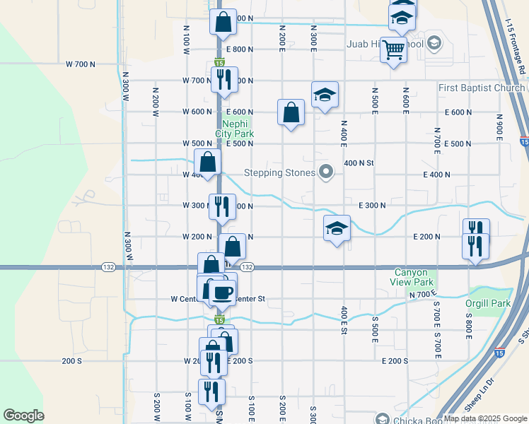 map of restaurants, bars, coffee shops, grocery stores, and more near 280 North 100 West in Nephi