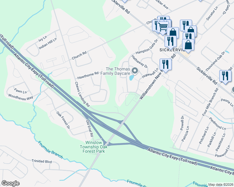 map of restaurants, bars, coffee shops, grocery stores, and more near 3 Hampton Place in Sicklerville