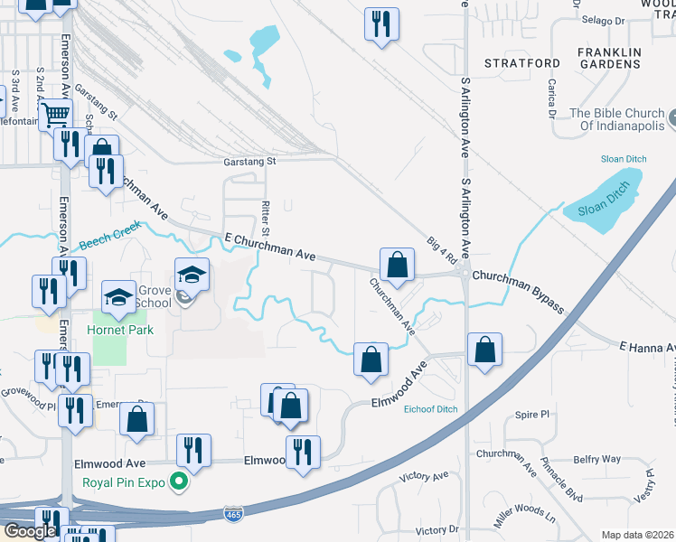 map of restaurants, bars, coffee shops, grocery stores, and more near 3749 Churchman Woods Boulevard in Indianapolis