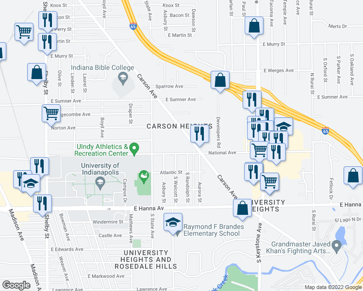 map of restaurants, bars, coffee shops, grocery stores, and more near 3670 Carson Avenue in Indianapolis
