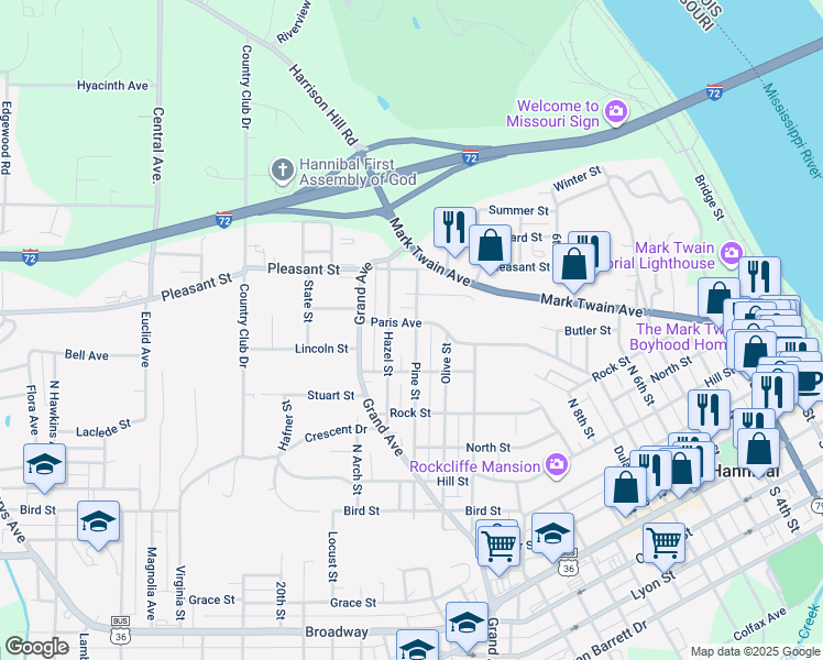 map of restaurants, bars, coffee shops, grocery stores, and more near 1501 Paris Avenue in Hannibal