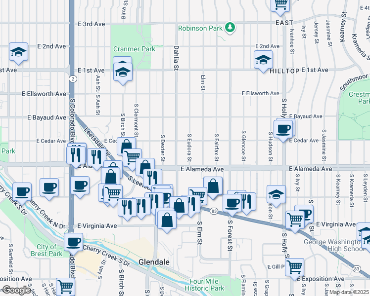 map of restaurants, bars, coffee shops, grocery stores, and more near 221 South Eudora Street in Denver