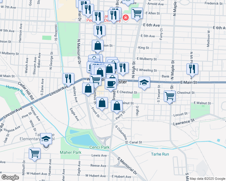 map of restaurants, bars, coffee shops, grocery stores, and more near 137 South Broad Street in Lancaster