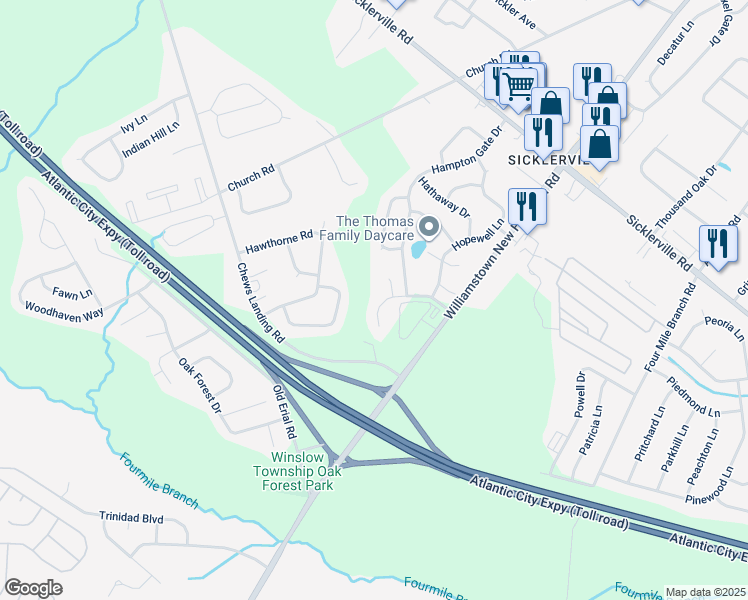 map of restaurants, bars, coffee shops, grocery stores, and more near 3 Hampton Place in Sicklerville