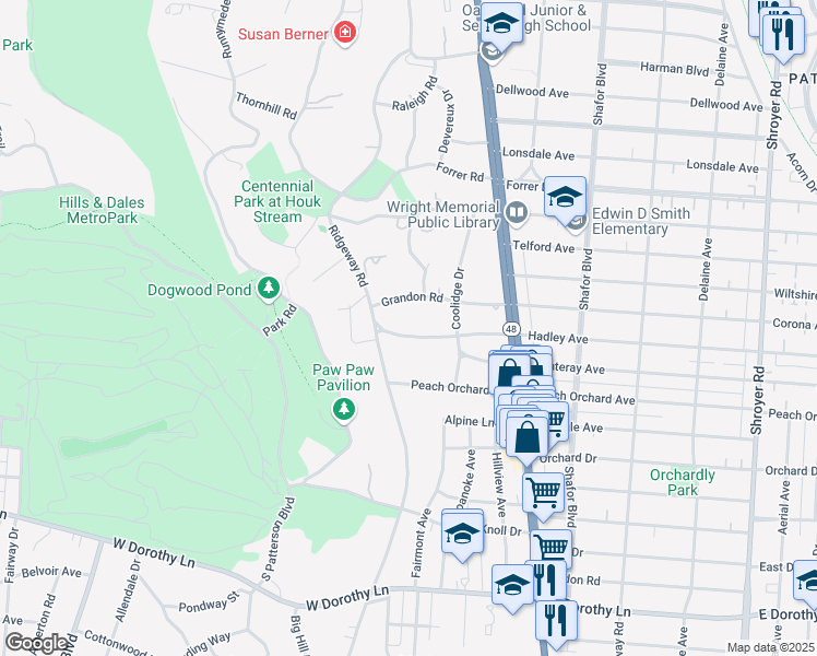map of restaurants, bars, coffee shops, grocery stores, and more near 151 Hadley Road in Dayton