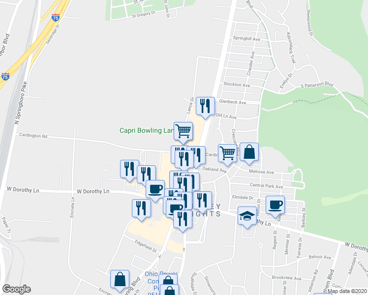 map of restaurants, bars, coffee shops, grocery stores, and more near 2801 South Dixie Drive in Dayton