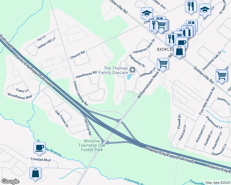 map of restaurants, bars, coffee shops, grocery stores, and more near 3 Hampton Place in Sicklerville