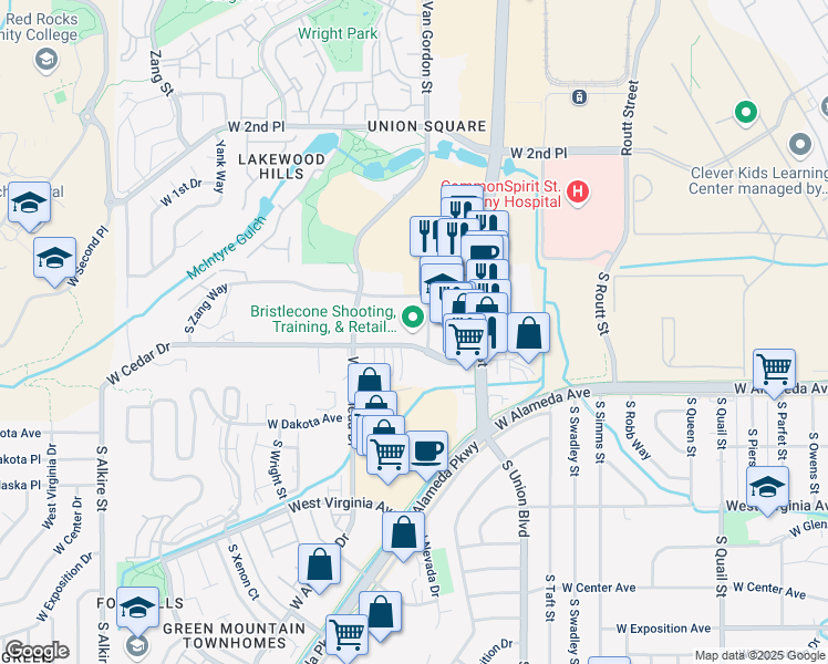 map of restaurants, bars, coffee shops, grocery stores, and more near 165 South Union Boulevard in Lakewood