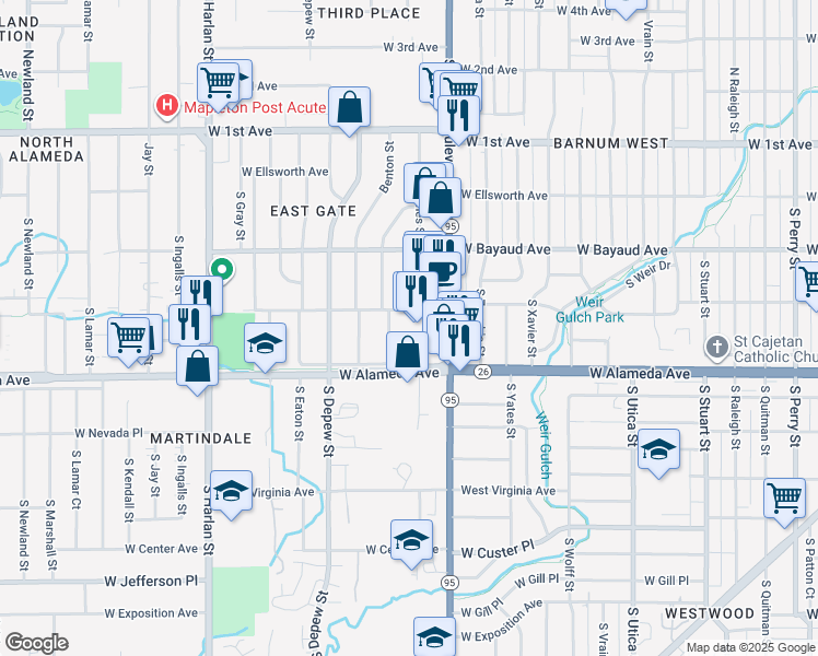 map of restaurants, bars, coffee shops, grocery stores, and more near 225 South Benton Street in Lakewood