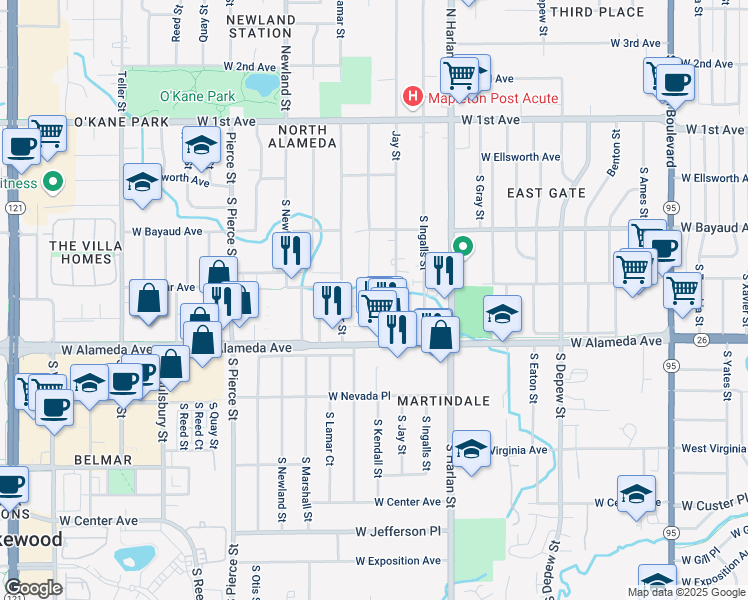 map of restaurants, bars, coffee shops, grocery stores, and more near 285 South Jay Street in Lakewood