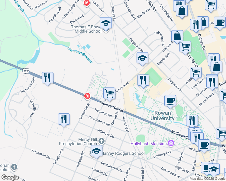 map of restaurants, bars, coffee shops, grocery stores, and more near 61 Beau Rivage Drive in Glassboro