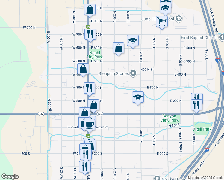 map of restaurants, bars, coffee shops, grocery stores, and more near 295 North 200 East in Nephi