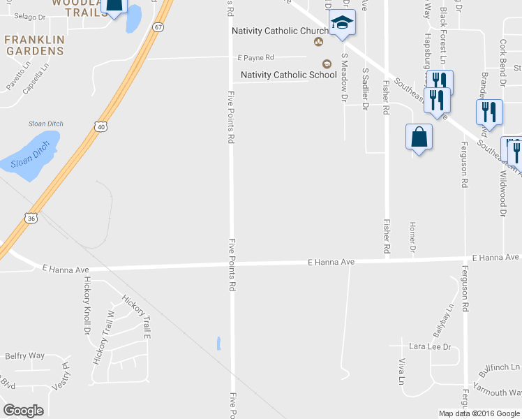 map of restaurants, bars, coffee shops, grocery stores, and more near 3845 5 Points Road in Indianapolis