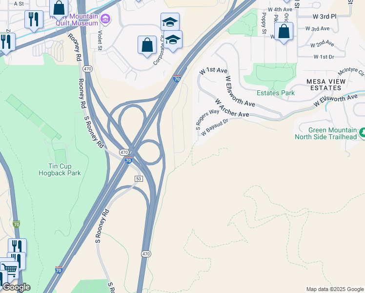 map of restaurants, bars, coffee shops, grocery stores, and more near 187 South Rogers Way in Golden
