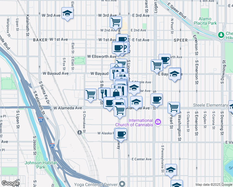 map of restaurants, bars, coffee shops, grocery stores, and more near 201 South Broadway in Denver
