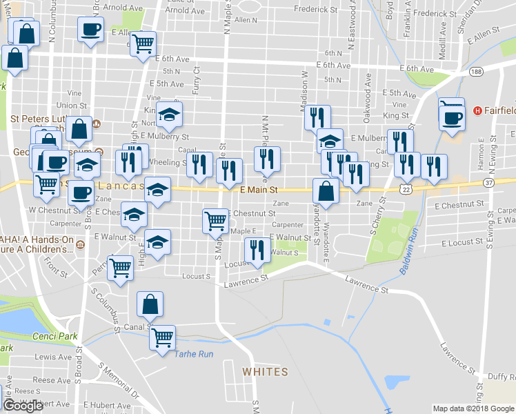 map of restaurants, bars, coffee shops, grocery stores, and more near 565 East Chestnut Street in Lancaster