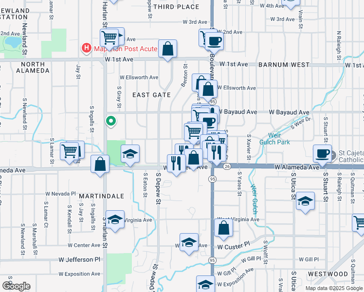 map of restaurants, bars, coffee shops, grocery stores, and more near 225 South Benton Street in Lakewood