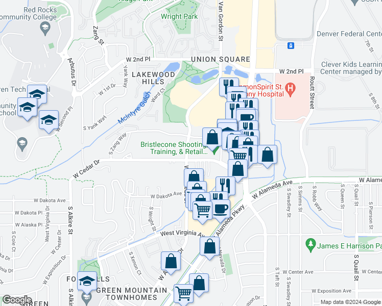 map of restaurants, bars, coffee shops, grocery stores, and more near 12177 West Cedar Drive in Lakewood