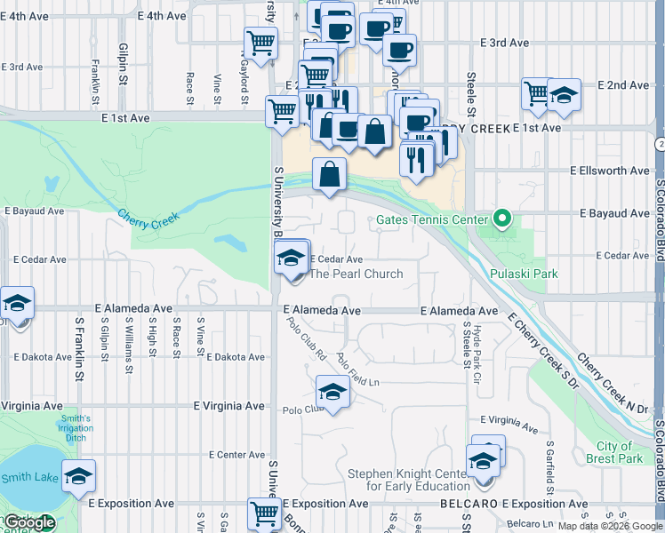 map of restaurants, bars, coffee shops, grocery stores, and more near 2620 East Cedar Avenue in Denver