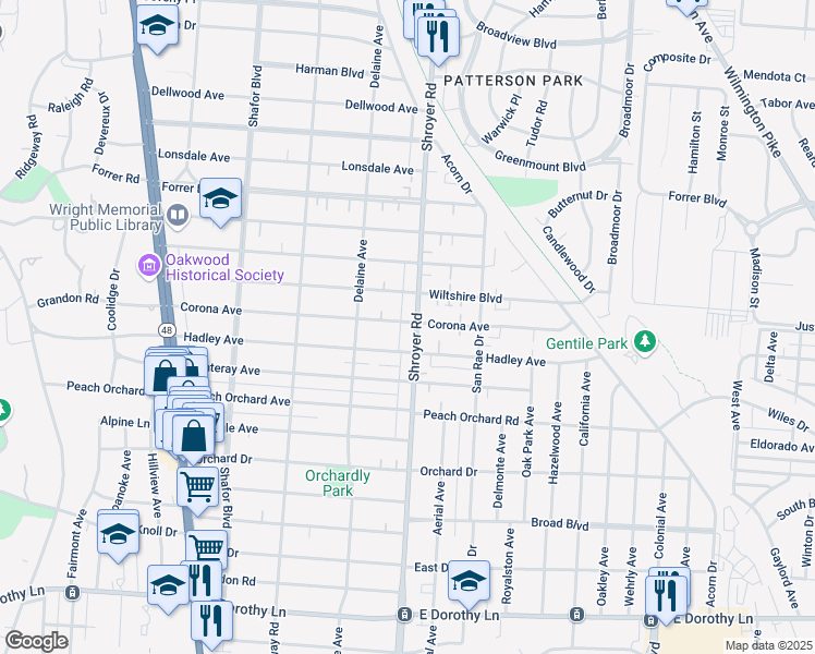 map of restaurants, bars, coffee shops, grocery stores, and more near 454 Corona Avenue in Dayton