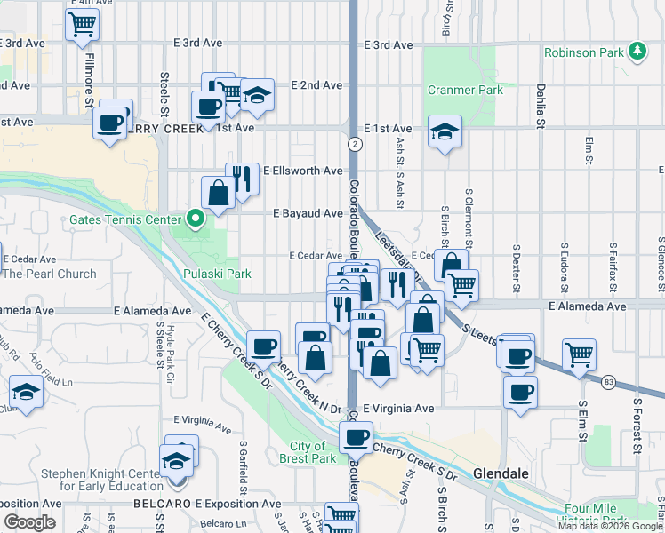 map of restaurants, bars, coffee shops, grocery stores, and more near 225 South Harrison Street in Denver